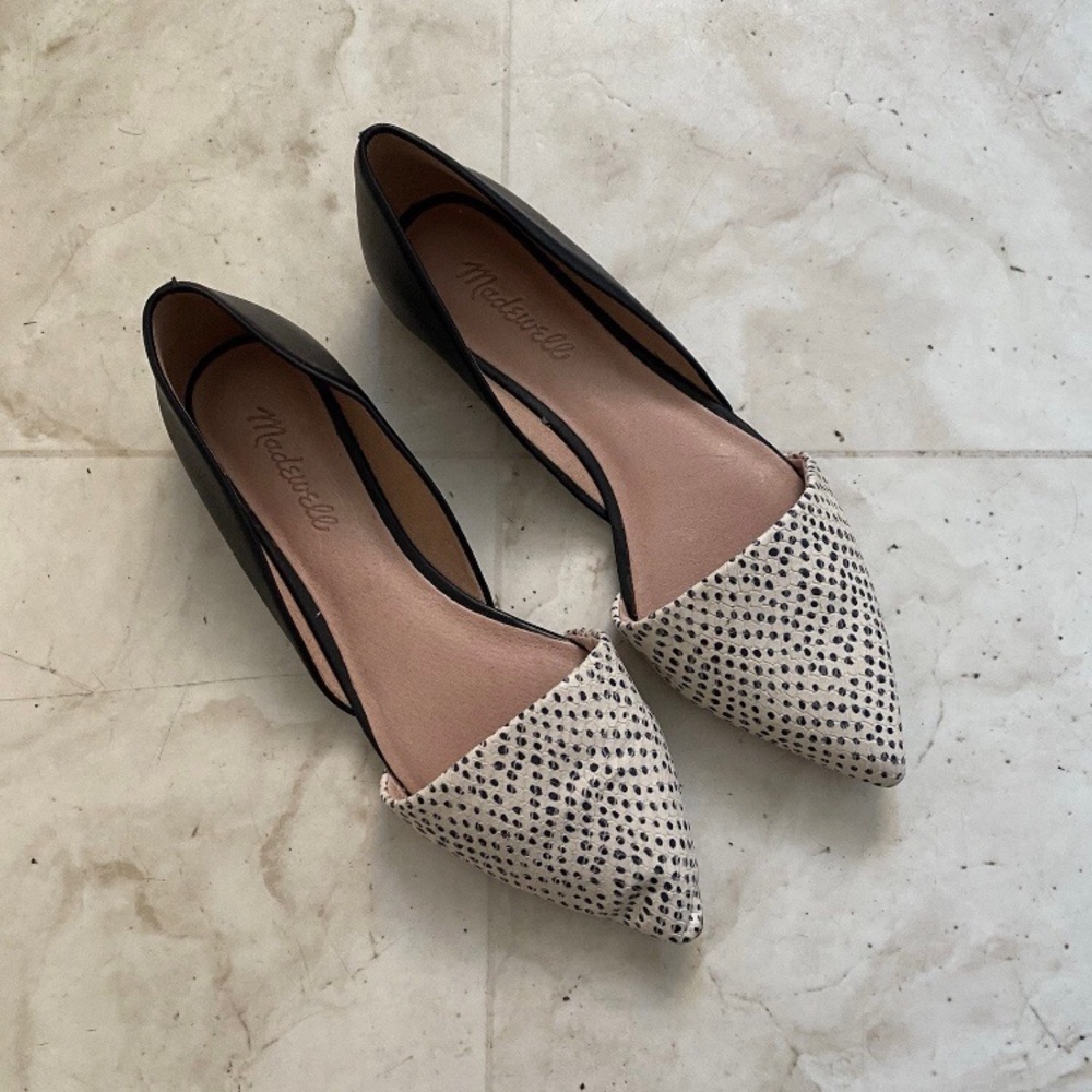 $128 Madewell Marisa Polka Dots Pointed Toe Black Leather d'Orsay Flats Size 7.5